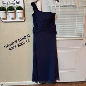 David's Bridal Midnight Blue One-Shoulder Gown